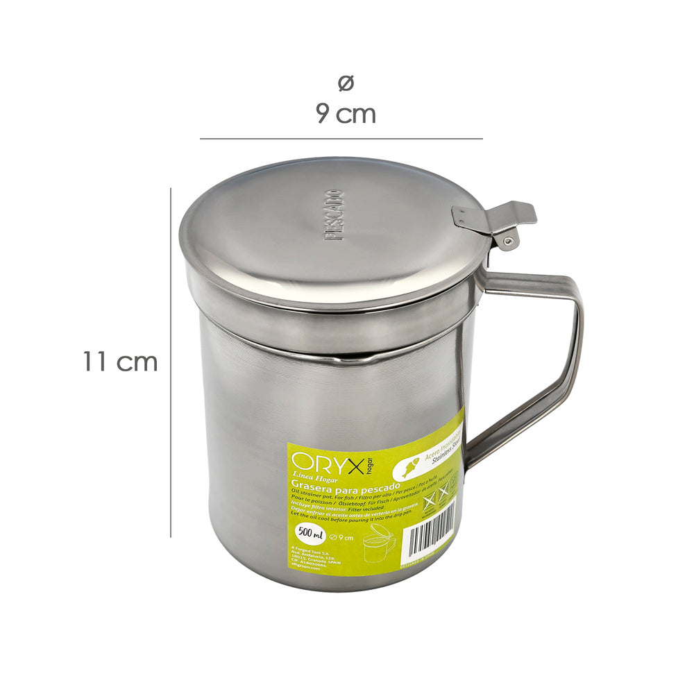 Stainless steel grease trap for fish, oil can for used oil, 0.5 L. With strainer and lid