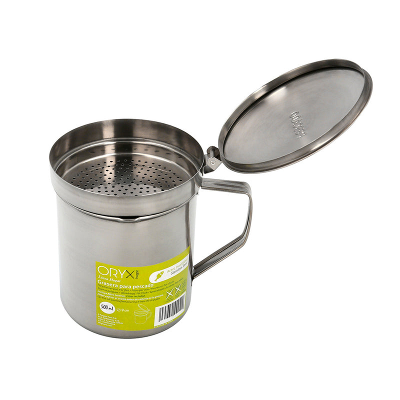 Grasera acero inoxidable para pescado aceitera aceite usado 0,5 l. con colador y tapa, recipiente reciclaje aceite usado pescado