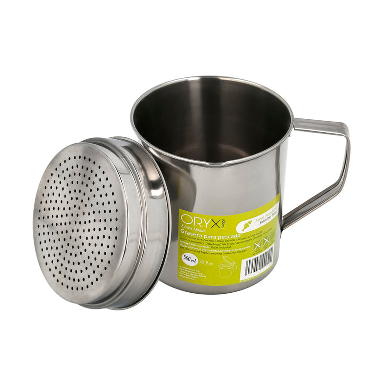 Grasera acero inoxidable para pescado aceitera aceite usado 0,5 l. con colador y tapa, recipiente reciclaje aceite usado pescado