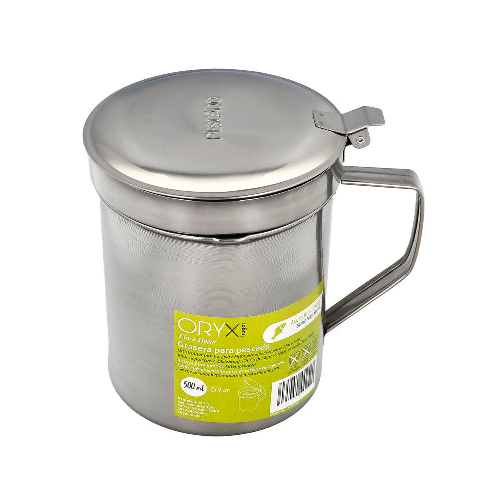 Stainless steel grease trap for fish, oil can for used oil, 0.5 L. With strainer and lid