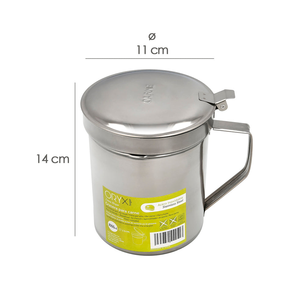 Stainless steel meat grease container, used oil dispenser 1.0 lts. With strainer and lid