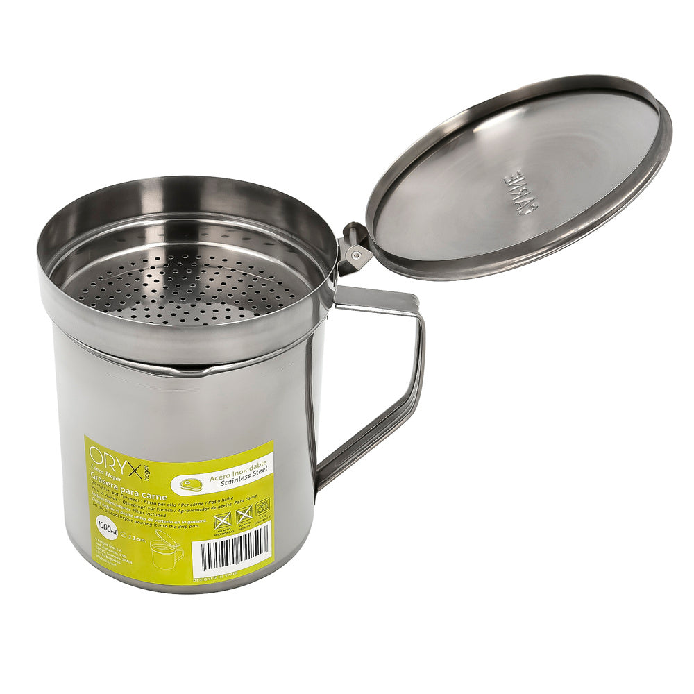 Stainless steel meat grease container, used oil dispenser 1.0 lts. With strainer and lid
