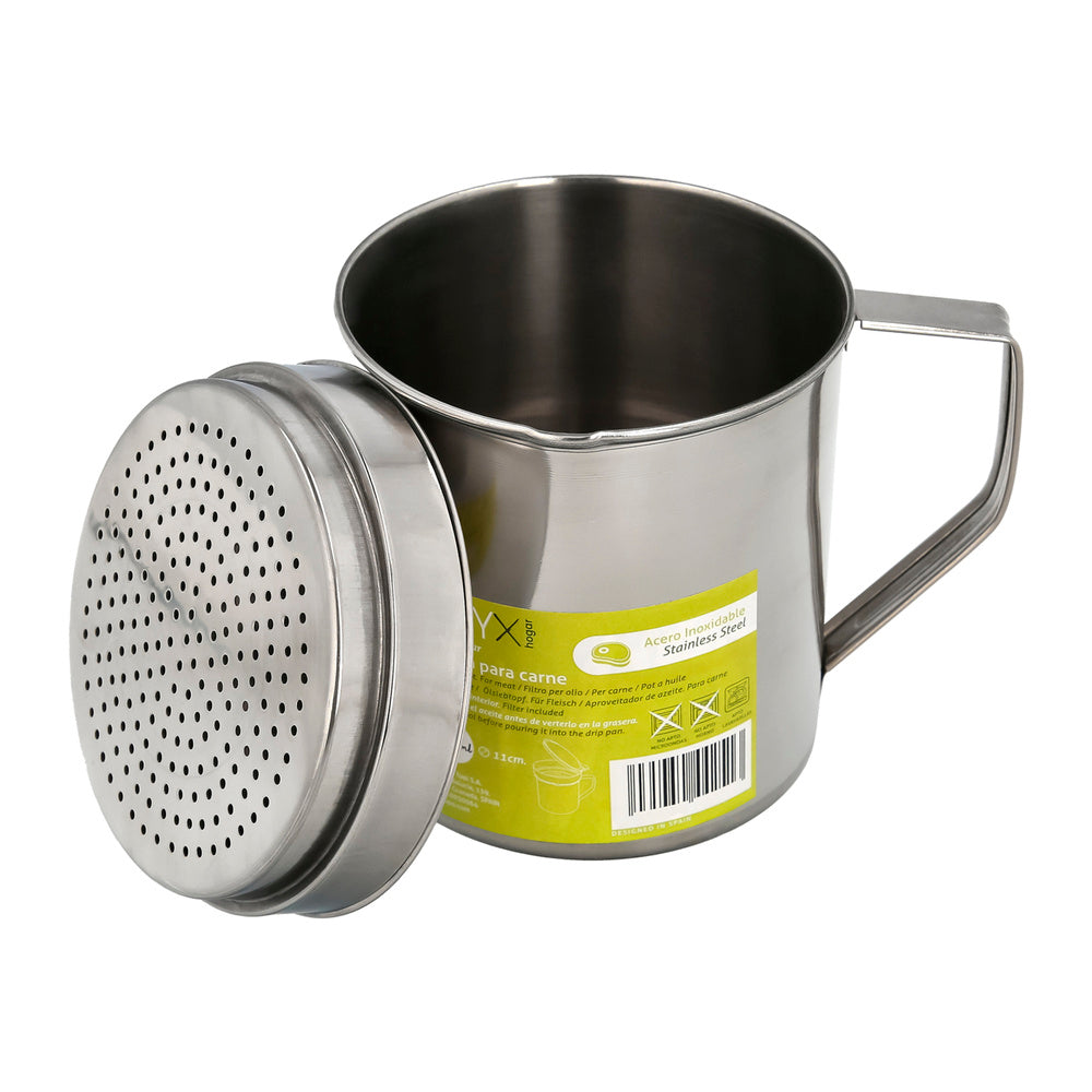 Stainless steel meat grease container, used oil dispenser 1.0 lts. With strainer and lid