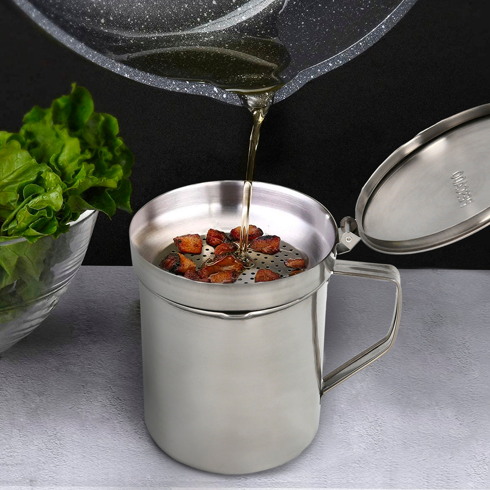Stainless steel meat grease container, used oil dispenser 1.0 lts. With strainer and lid