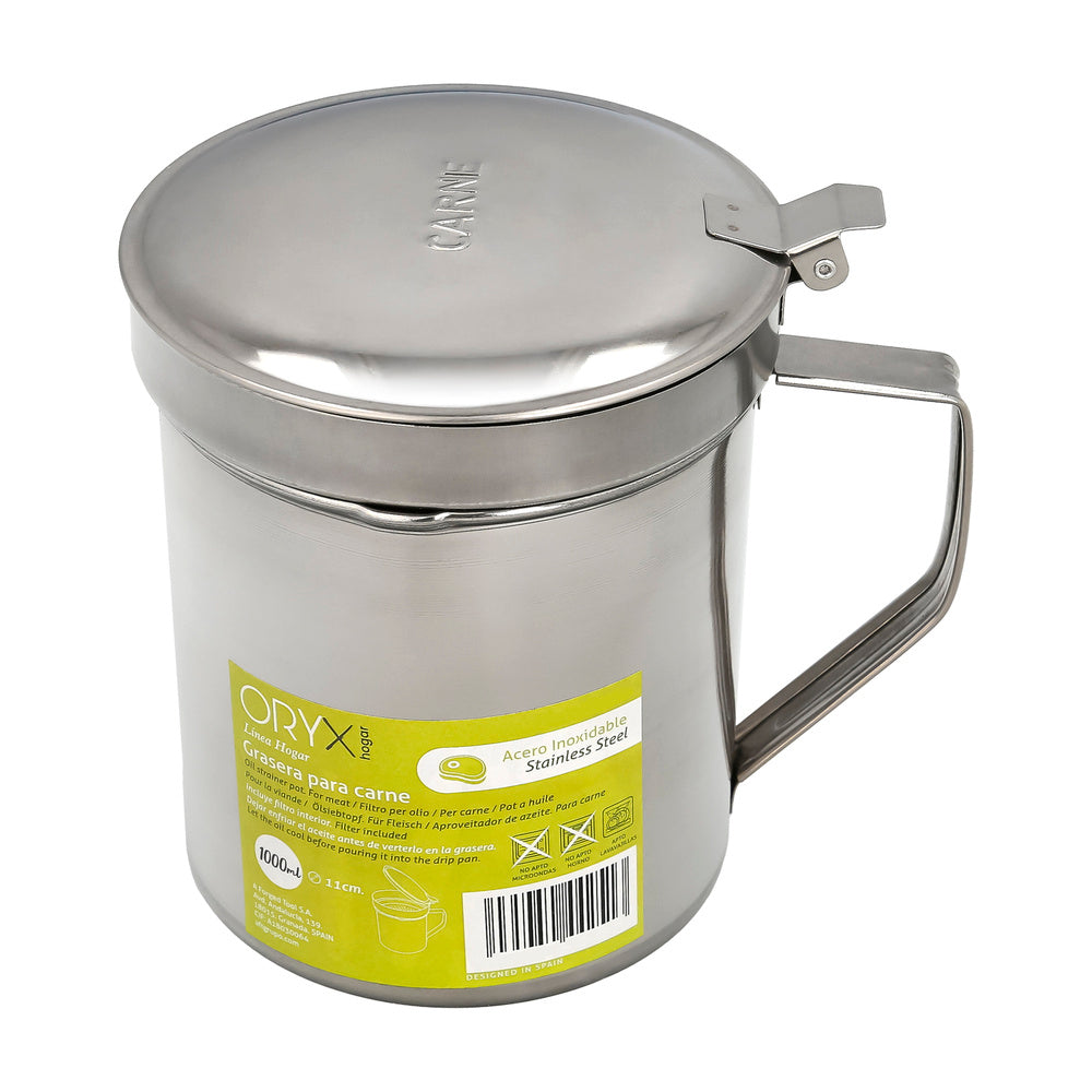 Stainless steel meat grease container, used oil dispenser 1.0 lts. With strainer and lid