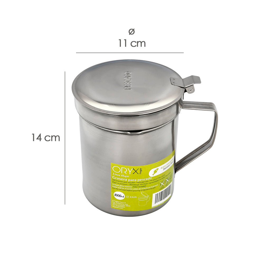 Stainless steel grease container for fish, oil dispenser for used oil, 1.0 L. With strainer and lid