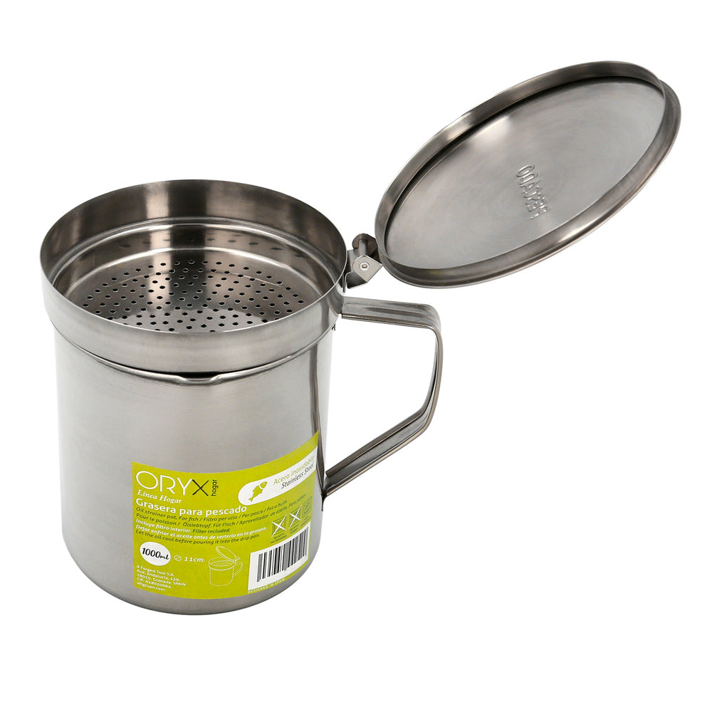 Stainless steel grease container for fish, oil dispenser for used oil, 1.0 L. With strainer and lid