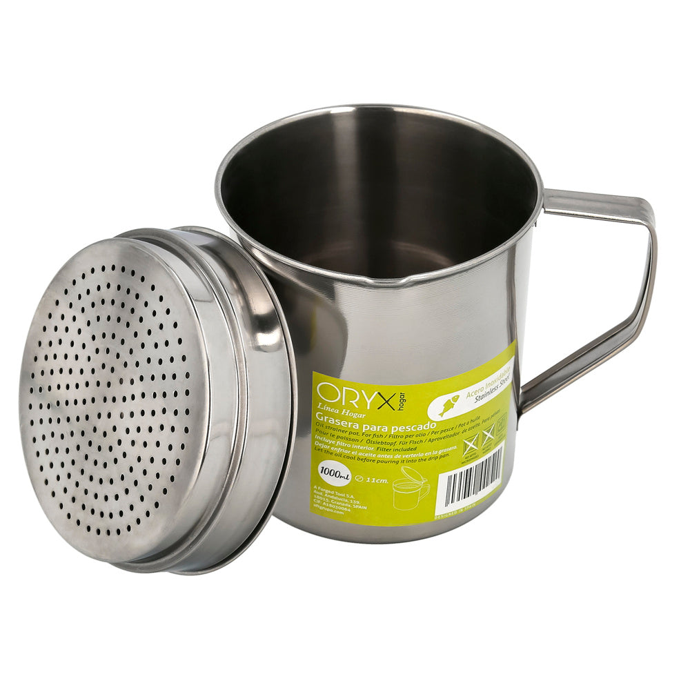 Stainless steel grease container for fish, oil dispenser for used oil, 1.0 L. With strainer and lid