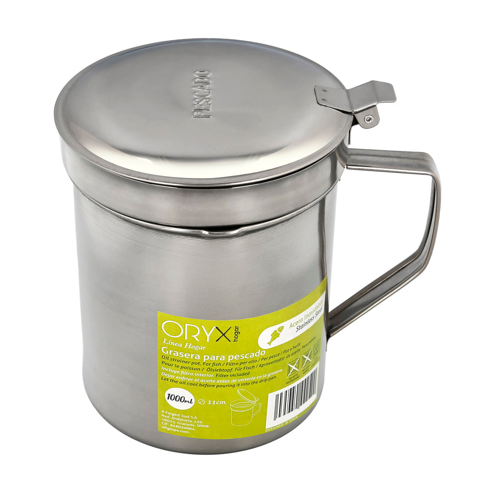 Stainless steel grease container for fish, oil dispenser for used oil, 1.0 L. With strainer and lid