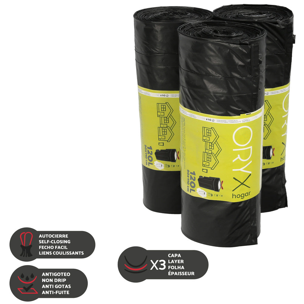Easy-tie garbage bags 120 liters roll 10 bags