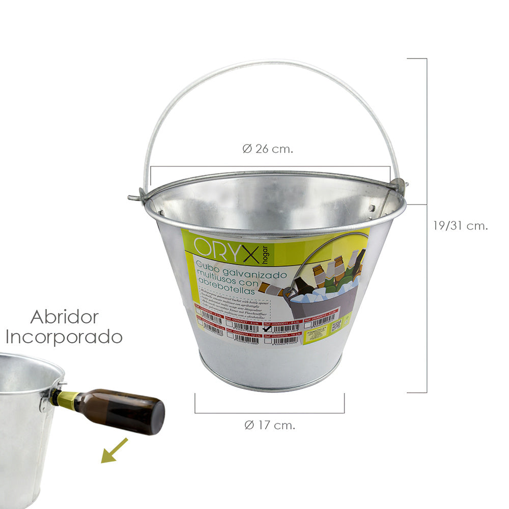 Galvanized zinc metal multi-purpose bucket 6 liters 26 x 17 x 19 (h) cm. with bottle opener