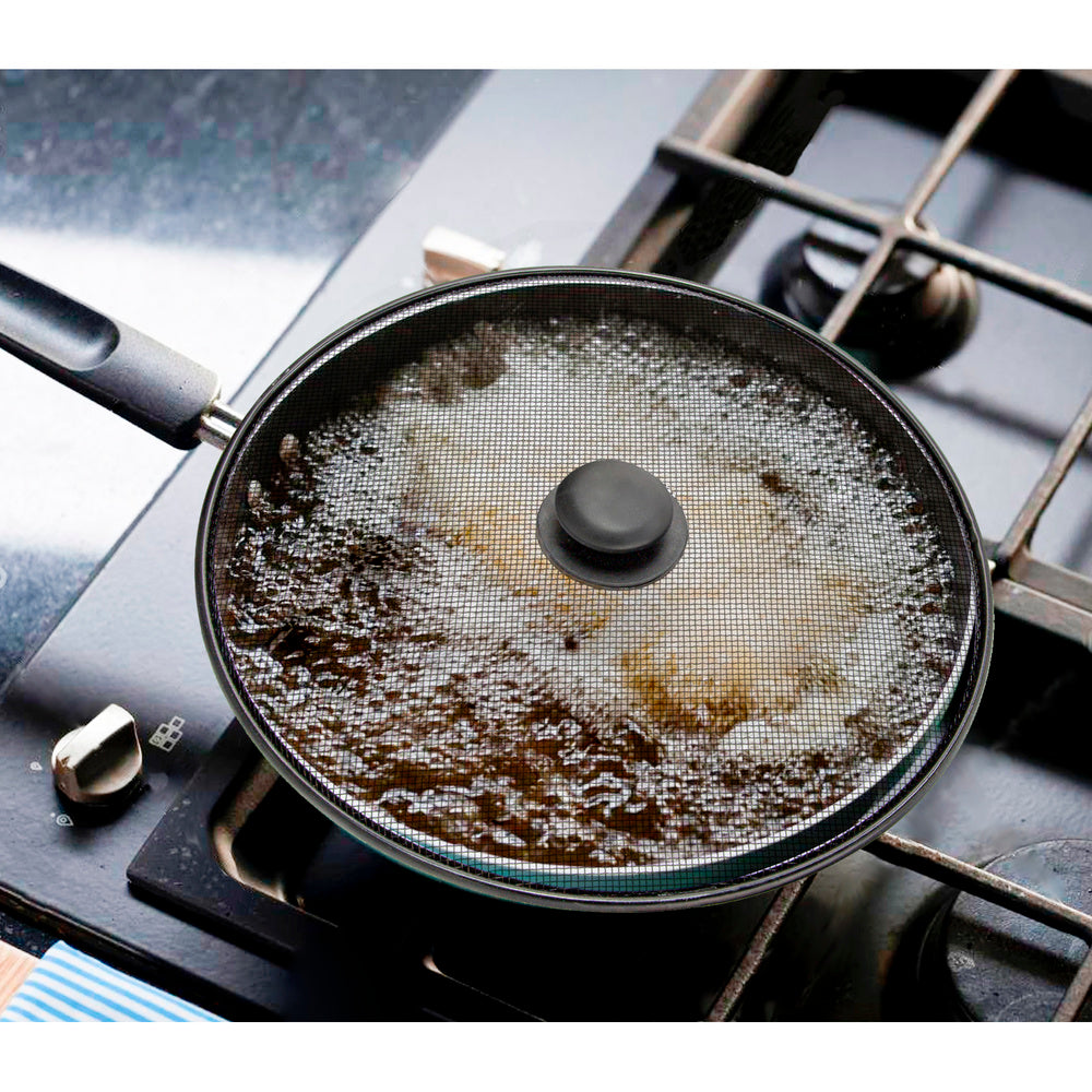 Anti-splatter lid for 30 cm diameter steel pan, black.