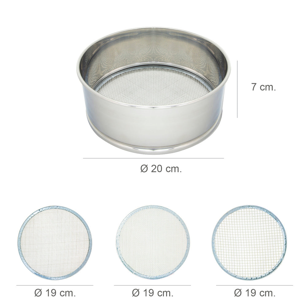 Flour sifter, stainless steel, 20 cm diameter, with 3 interchangeable meshes