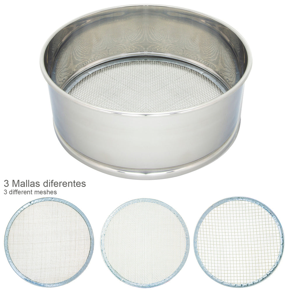 Flour sifter, stainless steel, 20 cm diameter, with 3 interchangeable meshes
