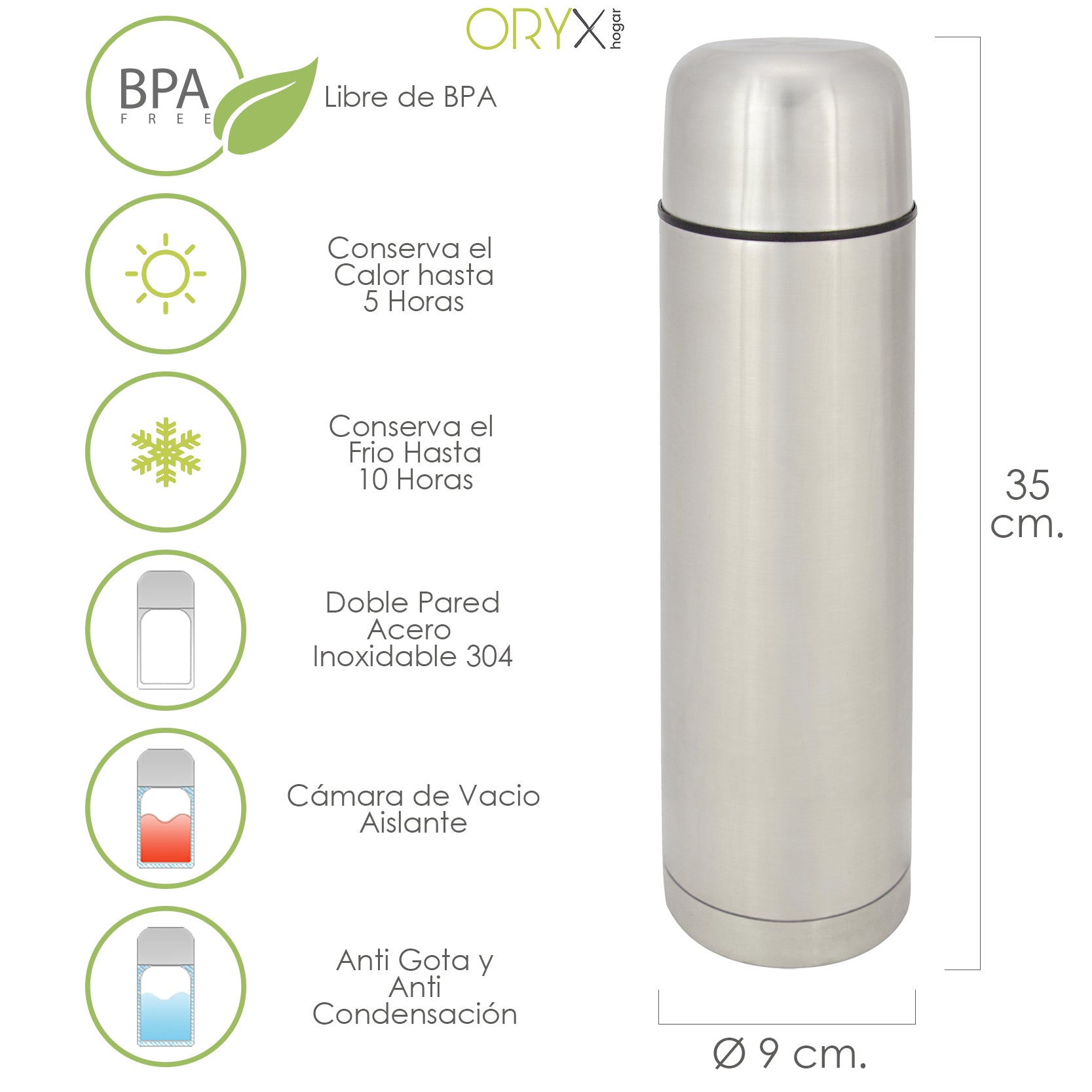 Liquid thermos, 1-liter capacity, BPA-free, stainless steel, anti-drip