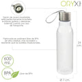 Garrafa de água, capacidade de 600 ml. Plástico sem BPA, com pega, tampa de aço inoxidável.