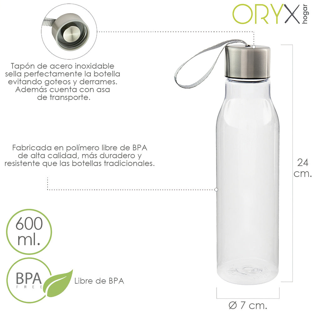 Water bottle, 600 ml capacity. BPA-free plastic, with handle, stainless steel cap.