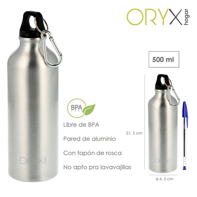 Botella de agua aluminio con mosqueton, cierre hermetico 500 ml