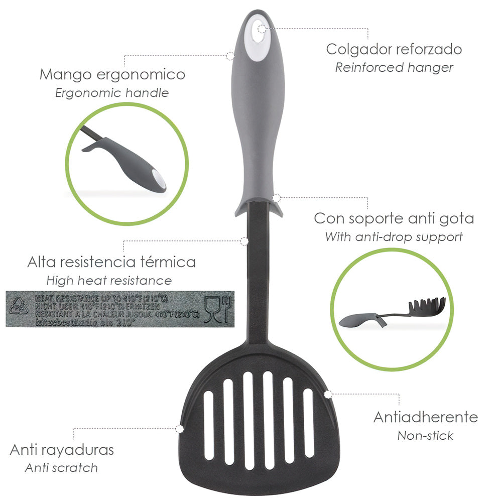 Nylon kitchen scraper spatula with anti-drip rubberized handle 34.5 x 11 cm
