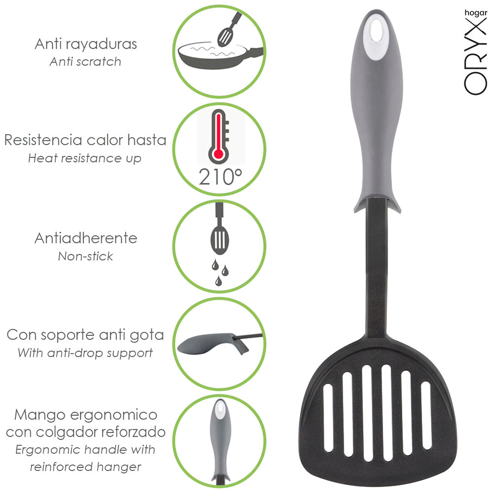 Nylon kitchen scraper spatula with anti-drip rubberized handle 34.5 x 11 cm