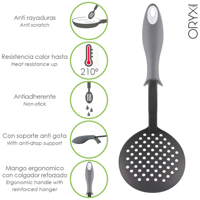 Espumadera cocina nylon con mango antigotas engomado 35 x 11,7 cm