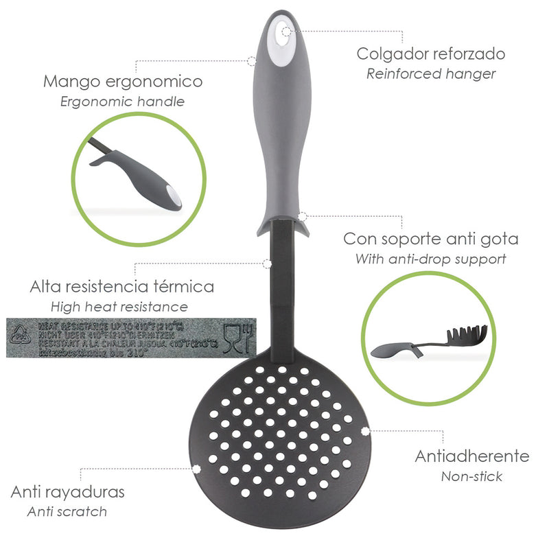 Espumadera cocina nylon con mango antigotas engomado 35 x 11,7 cm