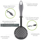 Escumadeira de cozinha em nylon com cabo antipingos emborrachado 35 x 11,7 cm