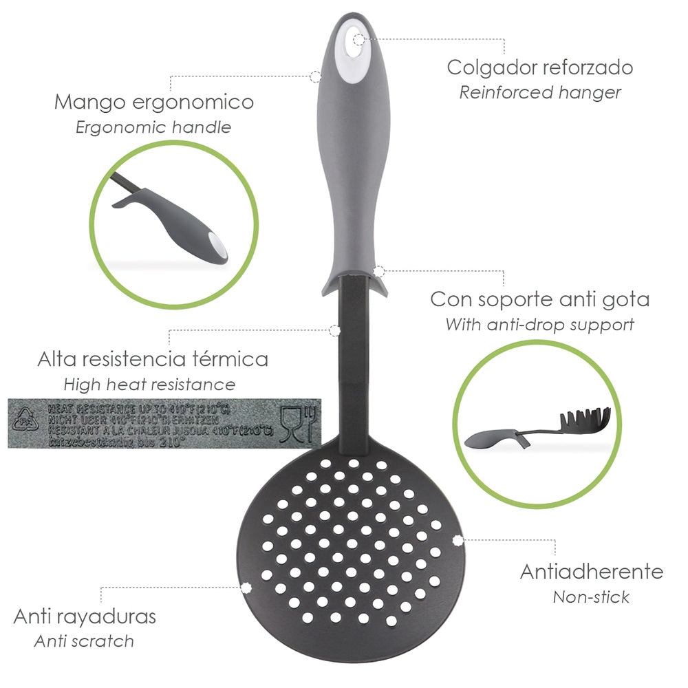Nylon kitchen skimmer with rubberized non-drip handle 35 x 11.7 cm