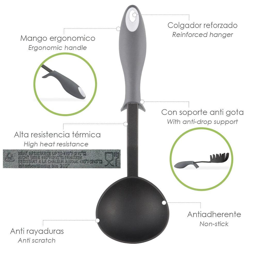 Nylon Kitchen Serving Ladle with Rubberized Anti-Drip Handle 32 x 9.8 cm