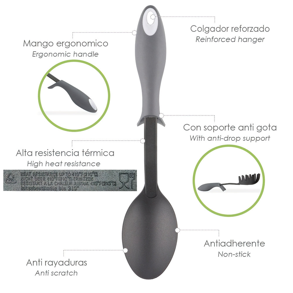 Nylon kitchen serving spoon with rubberized anti-drip handle 32.5x6cm
