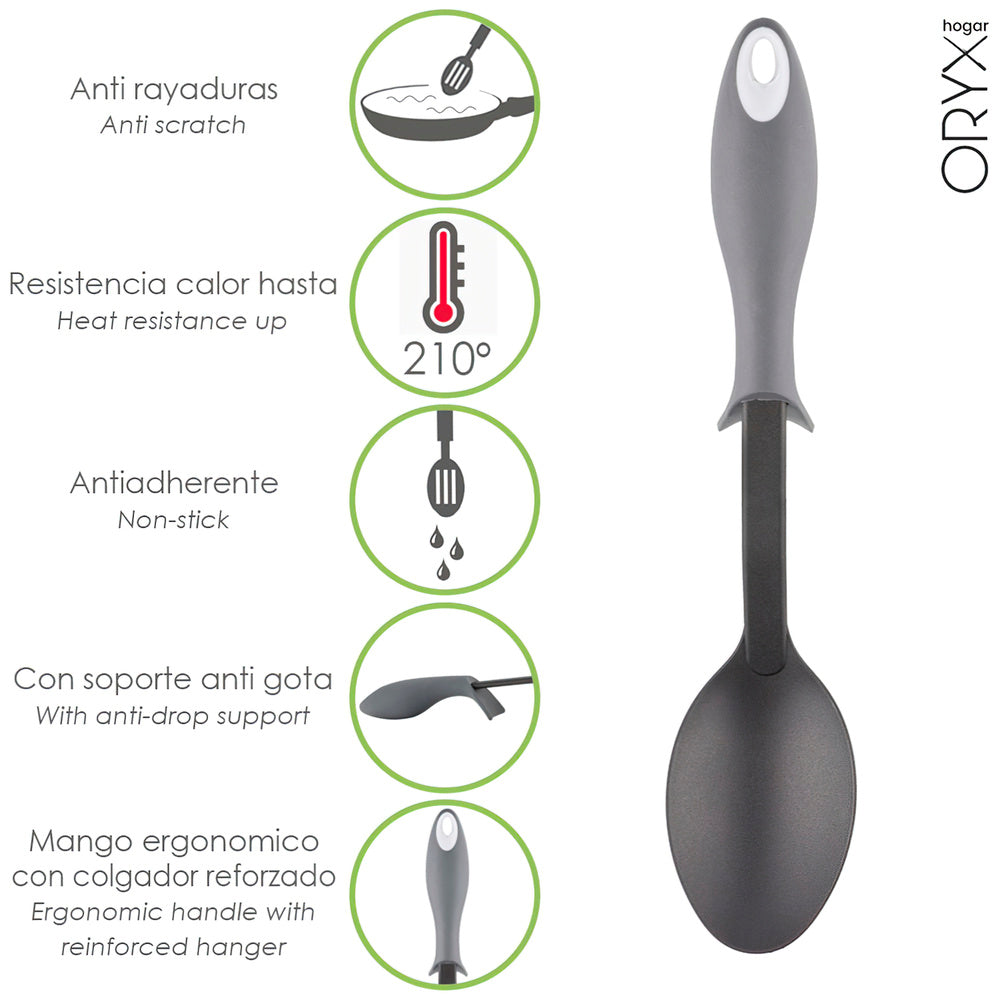 Nylon kitchen serving spoon with rubberized anti-drip handle 32.5x6cm