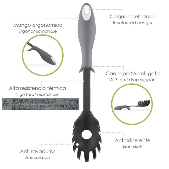 Servidor espaguetis nylon con mango antigotas engomado 31,5 x 6 cm