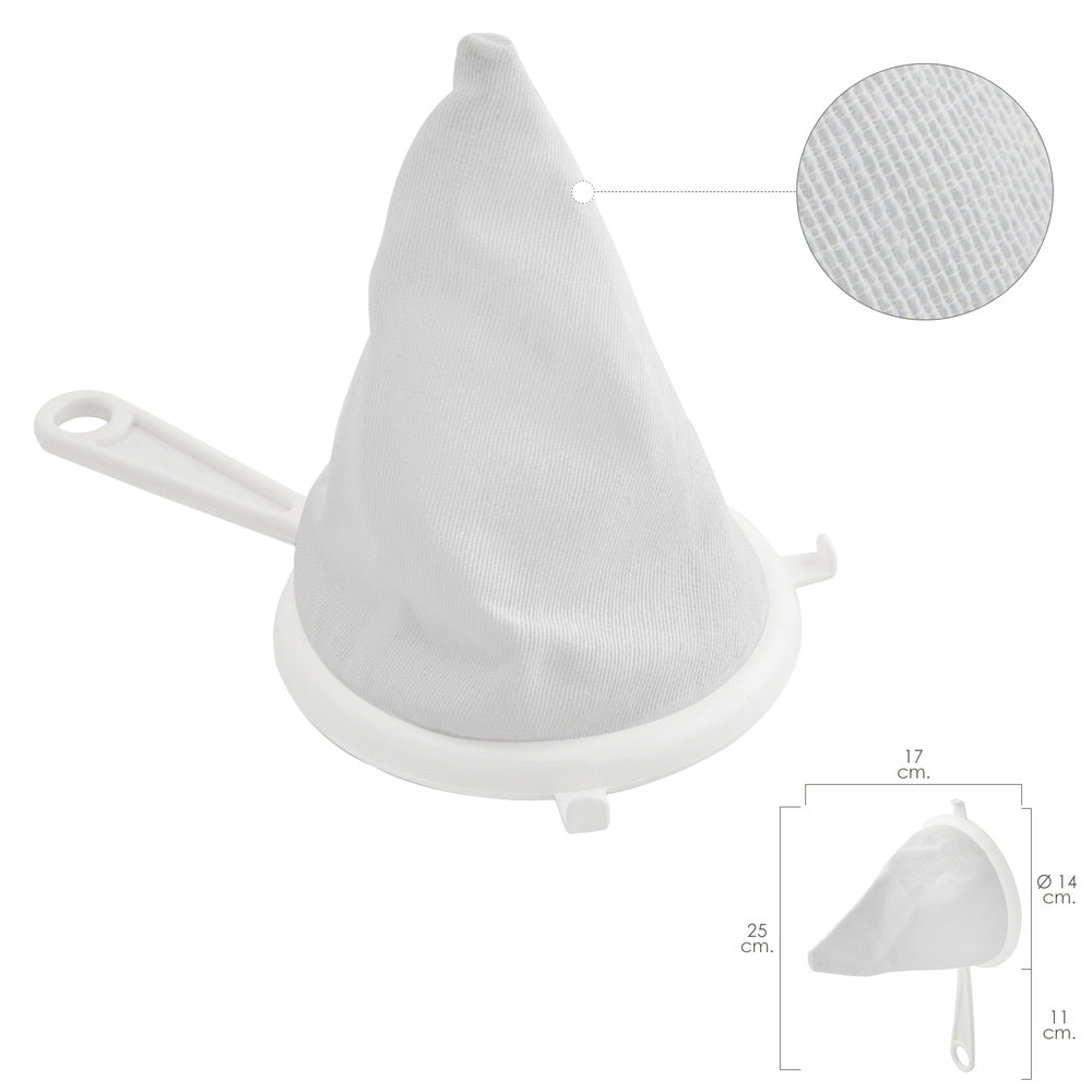 Flannel cloth strainer with plastic frame, ø 14 cm, with 2 hooks