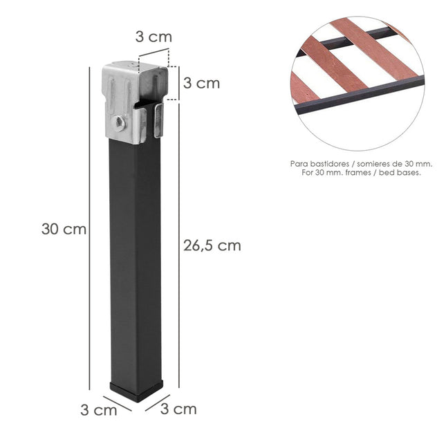 Juego patas somier cuadradas (4 unidades) tubo 30x30 mm. para somier de 30x30 mm. altura 25 cm