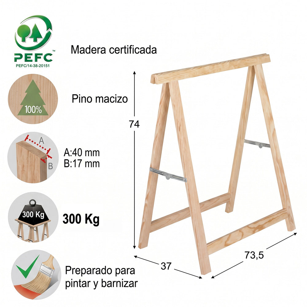 Cavalete em madeira maciça de pinho, com 74x74cm de altura.