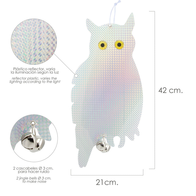 Buho espantapajaros reflectante para colgar con 2 cascabeles (2 piezas)