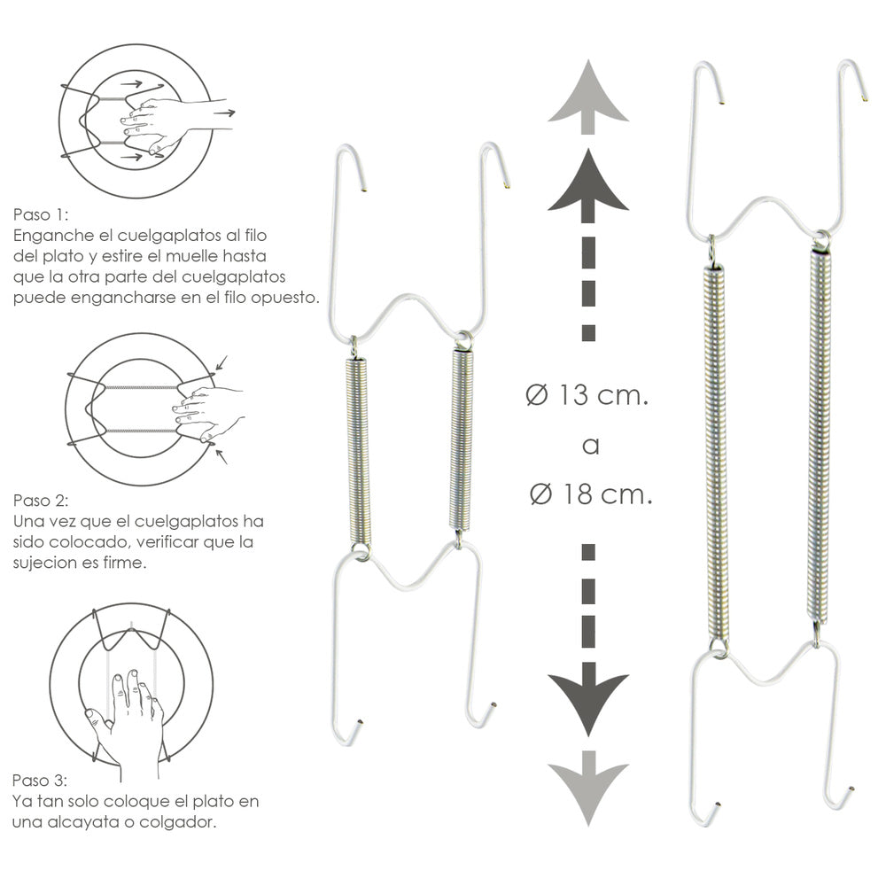 Plate hanger with spring for plates measuring ø 13 to 18 cm