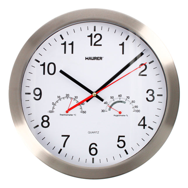 Reloj de pared ø 30 cm. con higrometro y termometro. frontal en acero