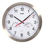 Reloj de pared ø 30 cm con higrómetro y termómetro. Frontal en acero