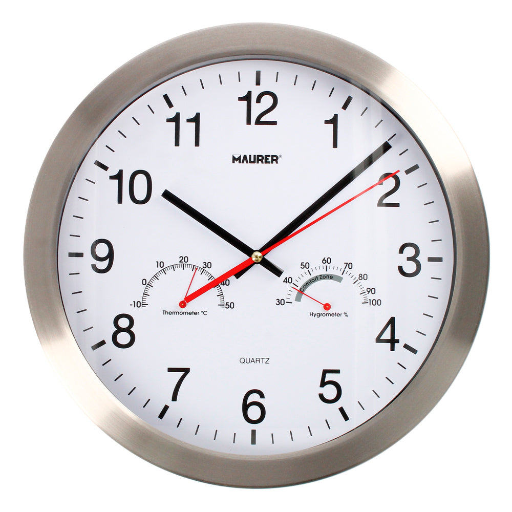 Wall clock ø 30 cm with hygrometer and thermometer. Steel front