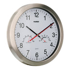 Reloj de pared ø 30 cm con higrómetro y termómetro. Frontal en acero