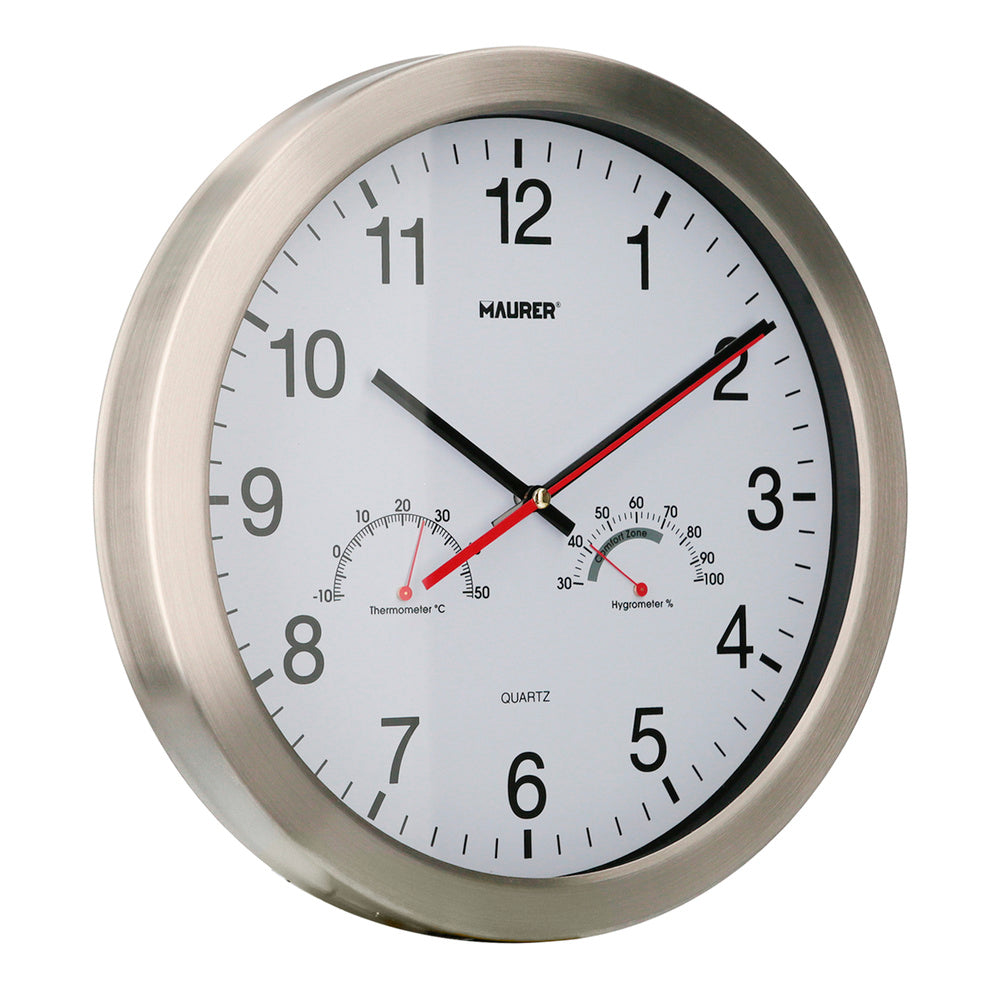 Wall clock ø 30 cm with hygrometer and thermometer. Steel front