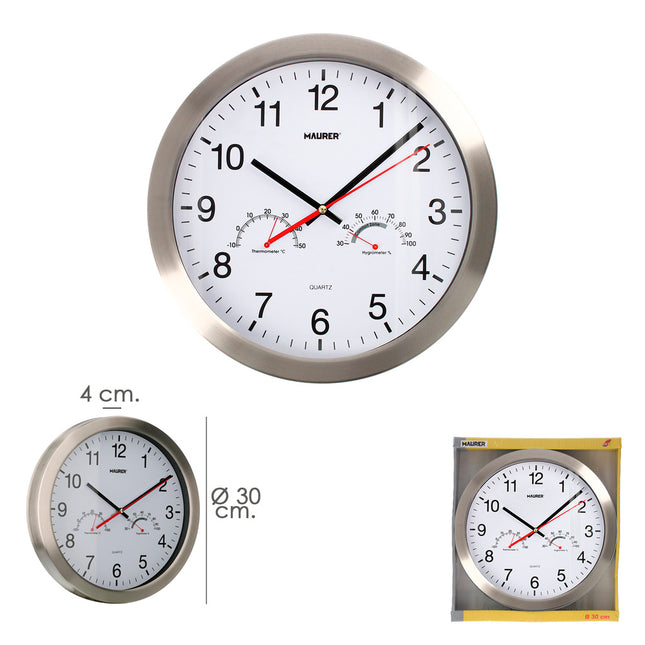 Reloj de pared ø 30 cm. con higrometro y termometro. frontal en acero