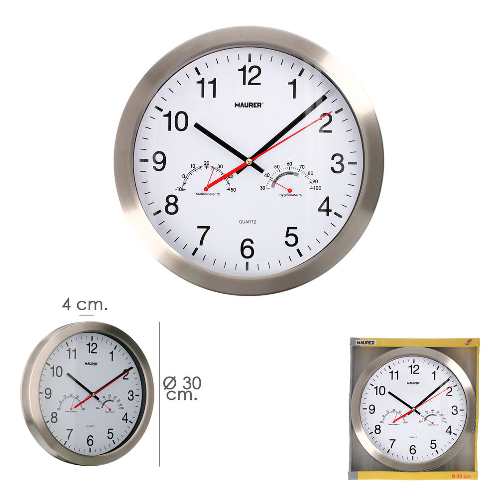 Wall clock ø 30 cm with hygrometer and thermometer. Steel front