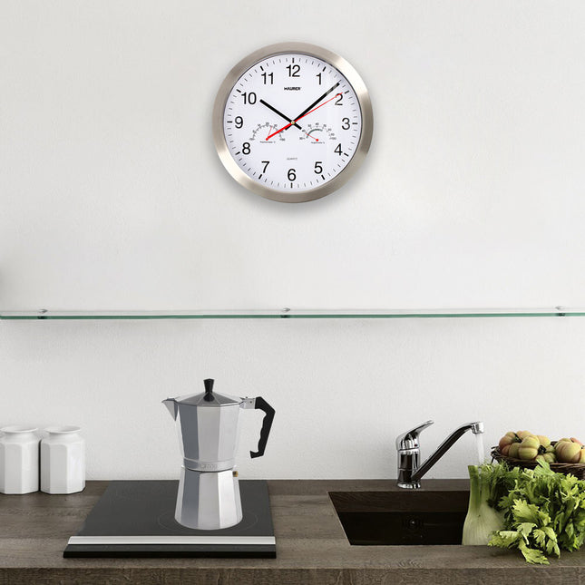Reloj de pared ø 30 cm. con higrometro y termometro. frontal en acero