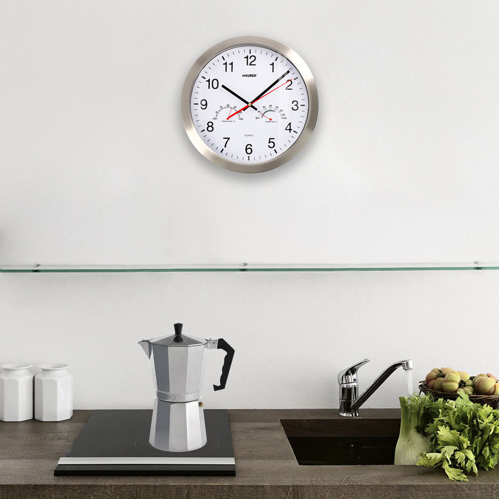 Wall clock ø 30 cm with hygrometer and thermometer. Steel front