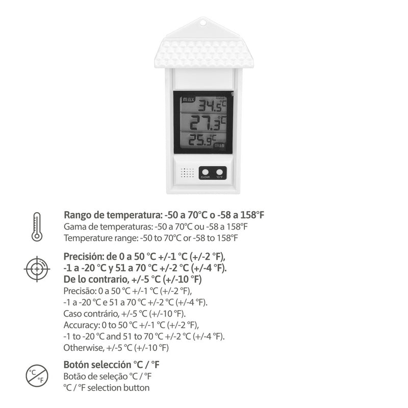 Termometro digital interiores / exteriores con indicador de temperatura maxima y minima
