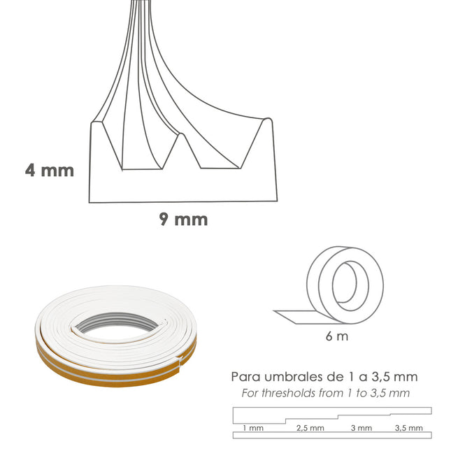 Burlete elástico "e" 6 m. x 9 mm. blanco