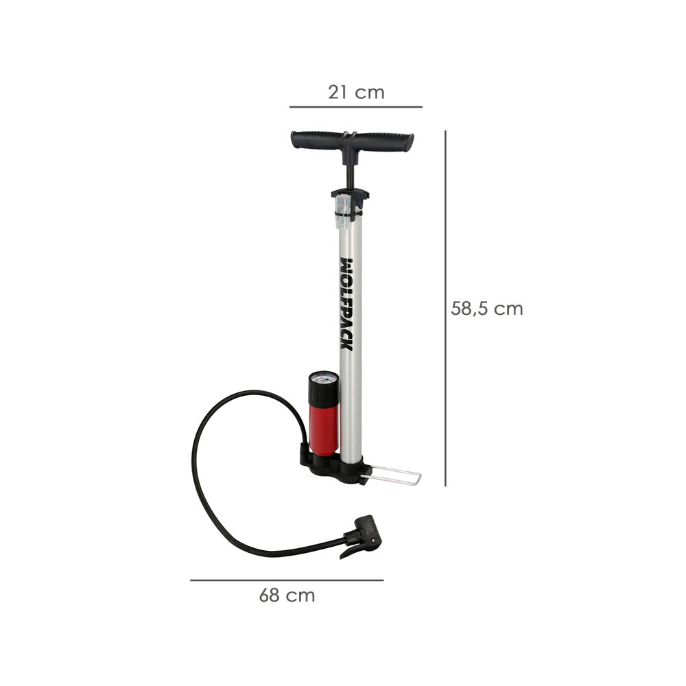 Bomba para encher bicicleta com manómetro. Dupla válvula presta e schrader. Com adaptadores. Ø 32 x 500 mm 10 bar / 160 psi