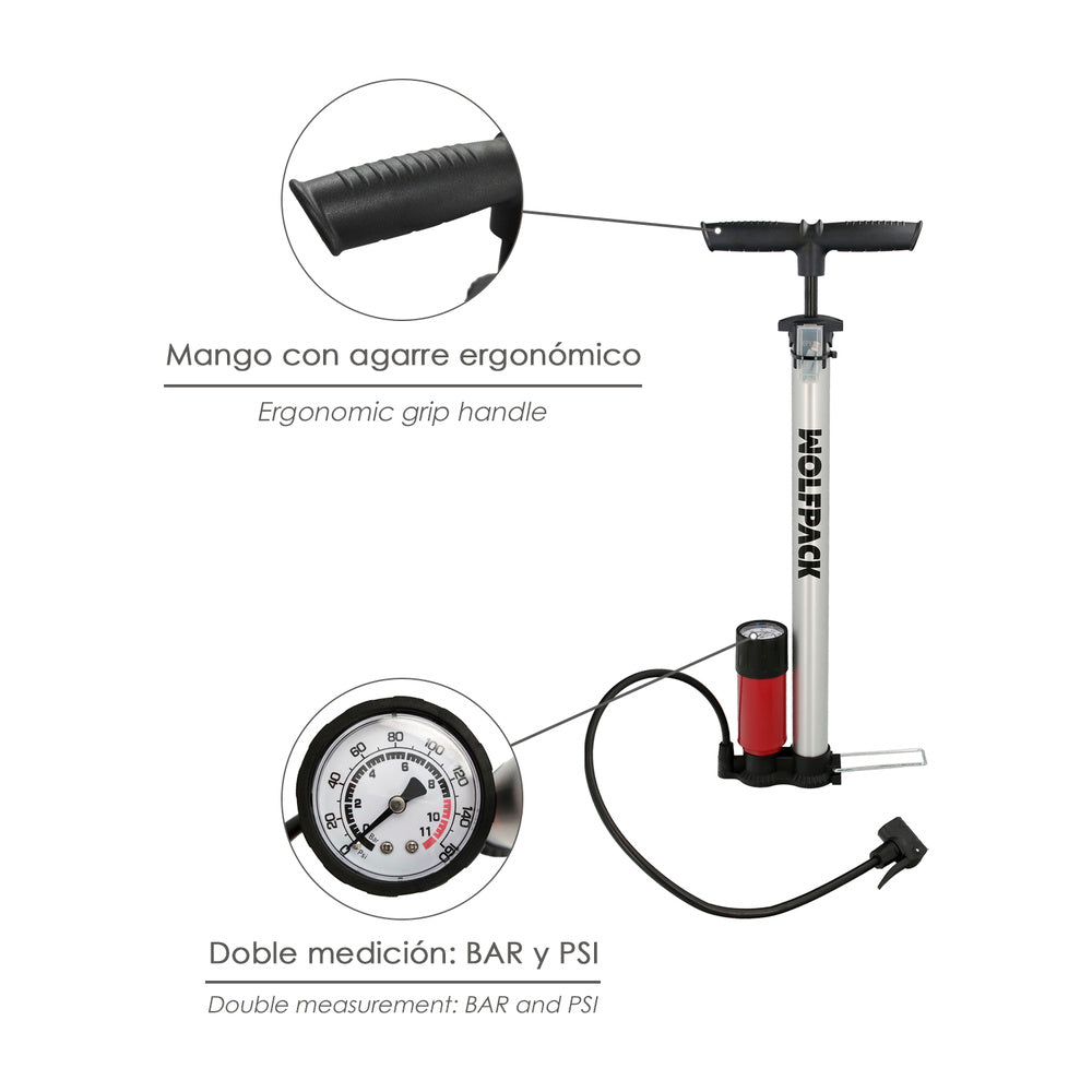 Bomba para encher bicicleta com manómetro. Dupla válvula presta e schrader. Com adaptadores. Ø 32 x 500 mm 10 bar / 160 psi
